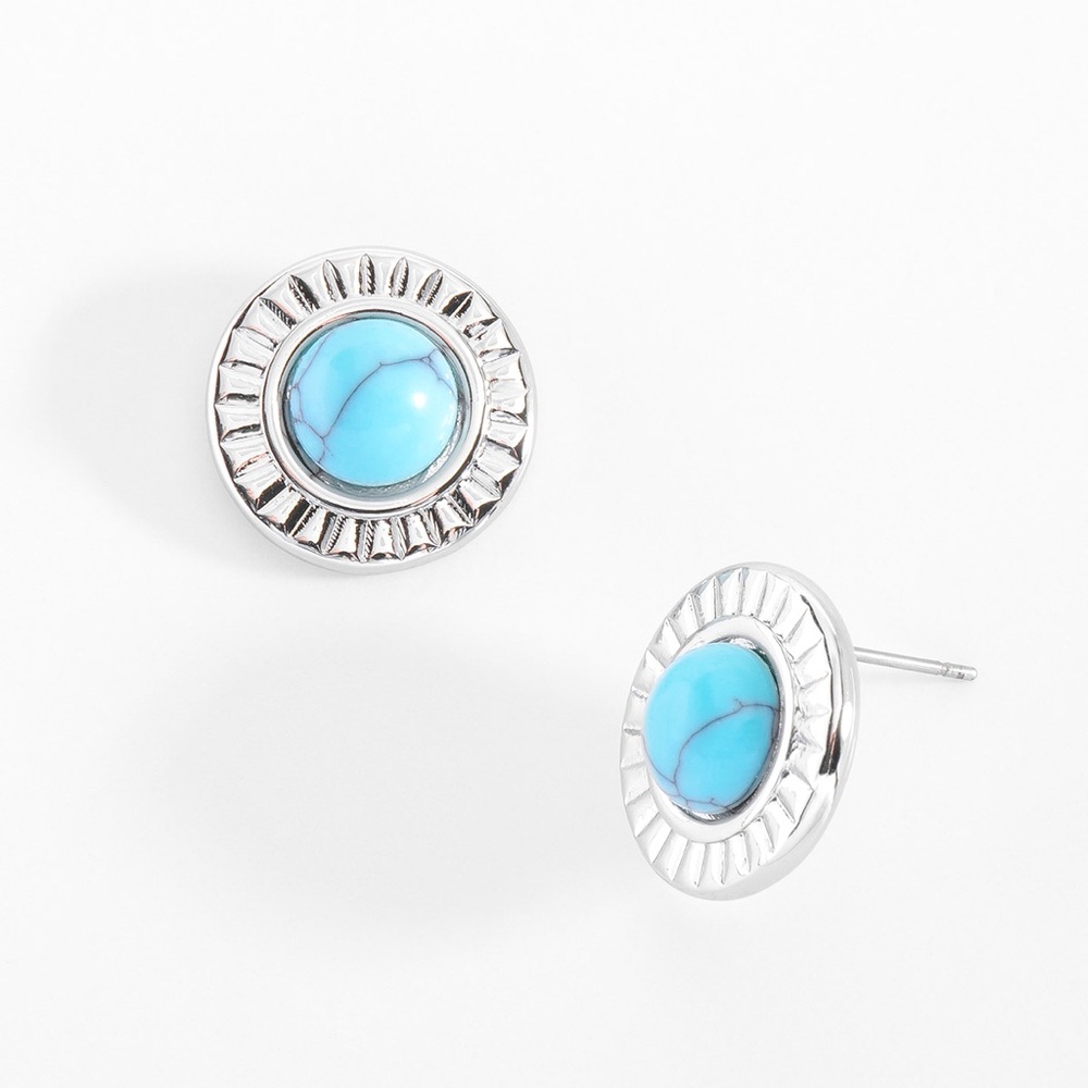 PLATINUM PLATED POST EARRINGS TURQUOISE TONE STONE